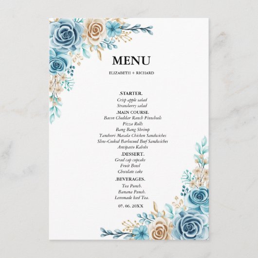 Etwas Blau Vor dem Duschen Brautparty Menükarte (Vorderseite)
