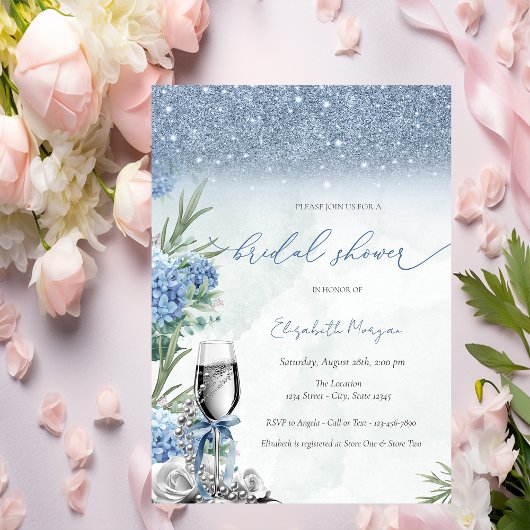 Etwas Blaue Schleife Glitter Champagner Hydrangea Einladung