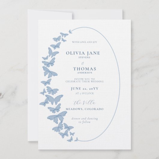 Etwas Blaue Schmetterlinge bilden den Rahmen für e Einladung (Vorderseite)