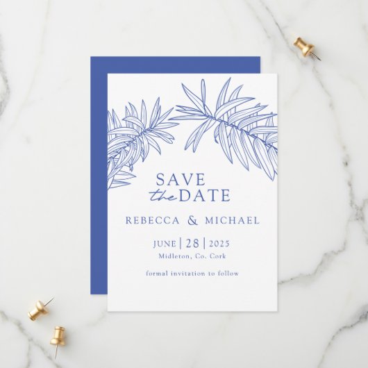 Etwas Blaues Botanisches Save the Date Minimalisti (Vorderseite/Rückseite Beispiel)