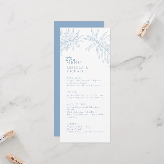 Etwas Blaues elegantes botanisches Hochzeitmenü (Vorderseite/Rückseite Beispiel)