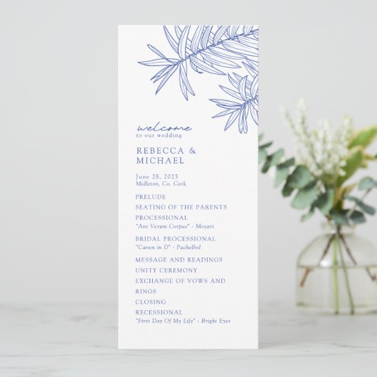 Etwas Blaues elegantes botanisches Hochzeitsprogra (Stehend Vorderseite)