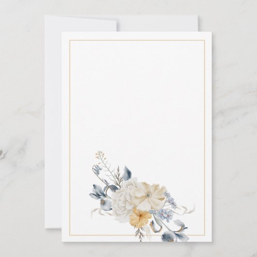 ETWAS BLAUES, MUTIERTER BLUMEN AUF WEISSEM WEDING EINLADUNG (Rückseite)