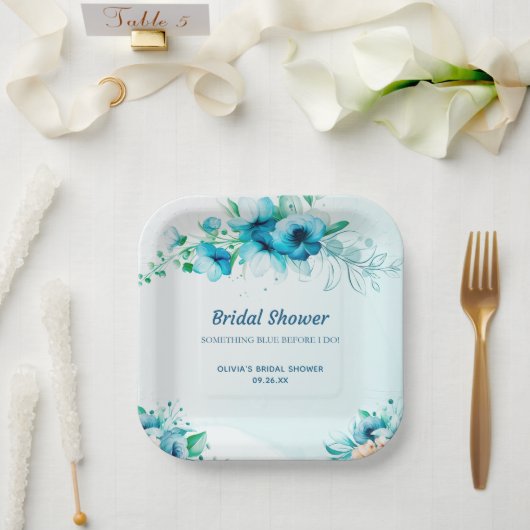 Etwas Blaues Wasserfarben Florales Brautbad Pappteller (Hochzeit)