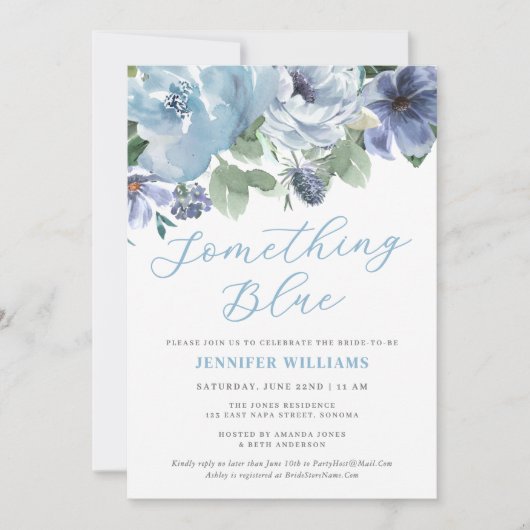 Etwas Blue Dusty Blue Floral Brautparty Einladung (Vorderseite)