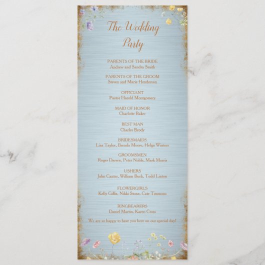 Etwas Blue Elegante Wildblume Hochzeitsprogramm Programm (Rückseite)