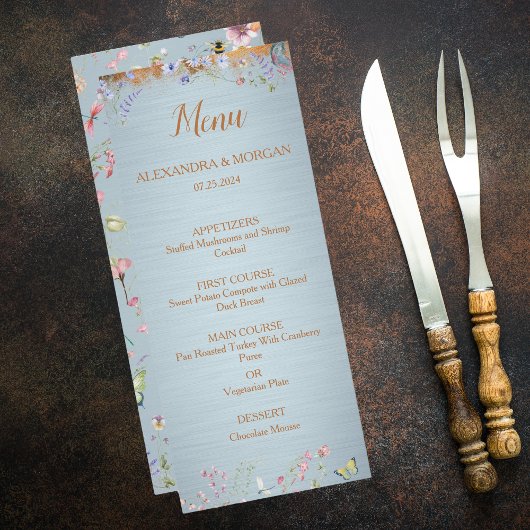 Etwas Blue Elegante Wildblume Wedding Menu Menükarte