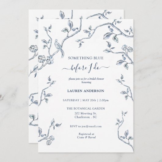 Etwas Blue Floral Blue Brautparty Einladung (Vorne/Hinten)