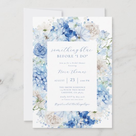 Etwas Blue Floral Frame Brautparty Einladung (Vorderseite)