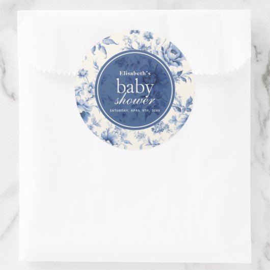 Etwas Blue Floral French Toile Baby Dusche Runder Aufkleber (Tasche)