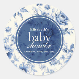 Etwas Blue Floral French Toile Baby Dusche Runder Aufkleber
