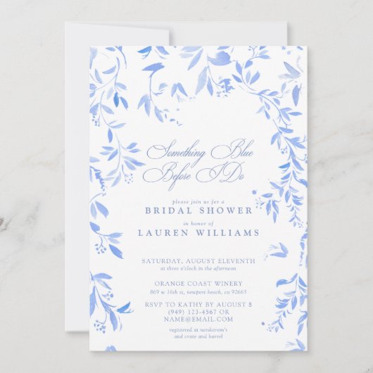 Etwas Blue QR Code Floral Script Brautparty Einladung (Vorderseite)