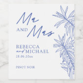 Etwas Blue Simple Botanical Mr & Mrs Wedding Weinetikett (Einzelnes Label)