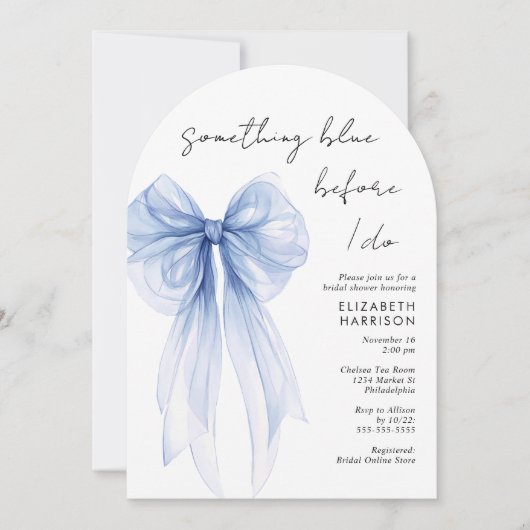Etwas Blue Watercolor Bow Arch Brautparty Einladung (Vorderseite)