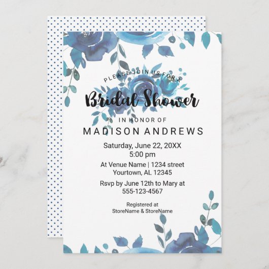 Etwas Blue Watercolor Bridal Dusche Einladung (Vorne/Hinten)