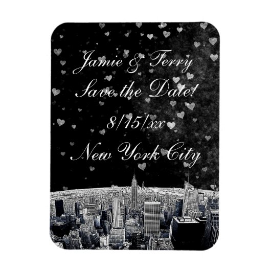 Etwas NYC Skyline #2 Black Wt Heart Save the Date Magnet (Vertikal)