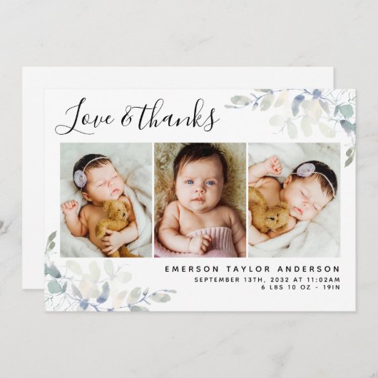 Eucalyptus 3 Foto New Baby Dankeskarte (Vorne/Hinten)