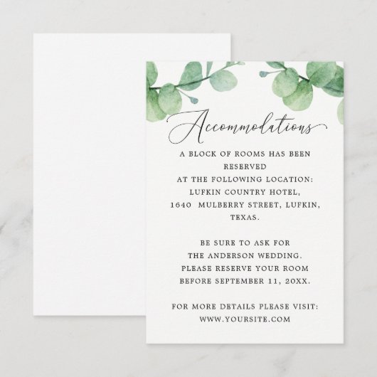 Eucalyptus Accommodations | Wedding Hotel Info Begleitkarte (Vorne/Hinten)