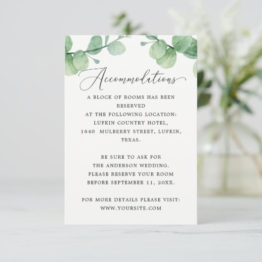 Eucalyptus Accommodations | Wedding Hotel Info Begleitkarte (Stehend Vorderseite)