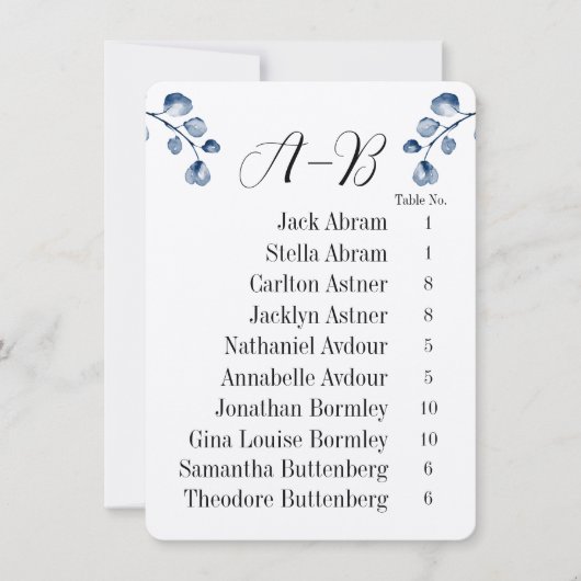 Eucalyptus Alphabetical 10 Guest Table Chart Cards Einladung (Vorderseite)