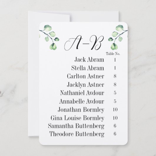 Eucalyptus Alphabetical 10 Guest Table Chart Cards Einladung (Rückseite)