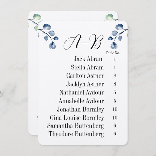 Eucalyptus Alphabetical 10 Guest Table Chart Cards Einladung (Vorne/Hinten)