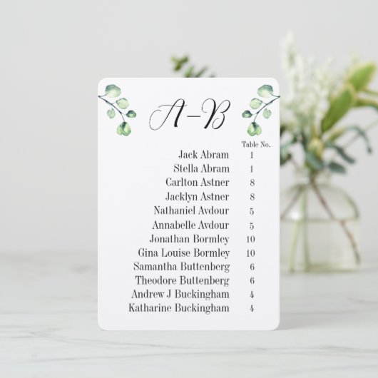 Eucalyptus Alphabetical 12 Guest Table Chart Cards Einladung (Stehend Vorderseite)