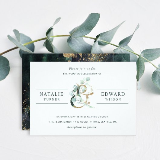 Eucalyptus Ampersand Gold Green Wedding Einladung