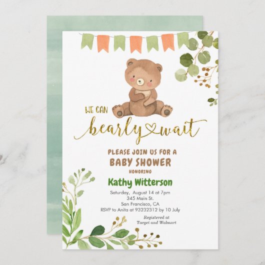 Eucalyptus and Bear We Can Bearly Wait Baby Shower Einladung (Vorne/Hinten)