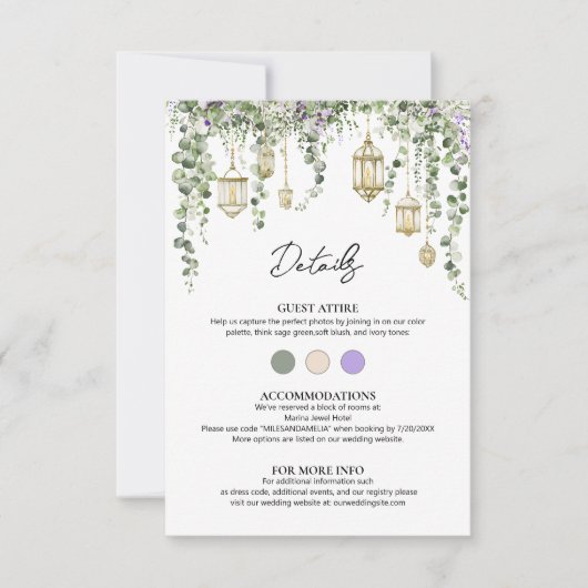 Eucalyptus and Purple Floral Wedding Details Card (Vorderseite)