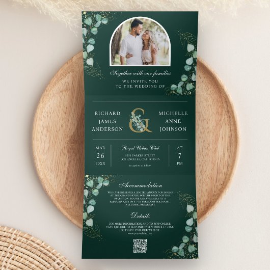 Eucalyptus Arch Emerald Green QR Code Wedding Dreifach Gefaltete Einladung