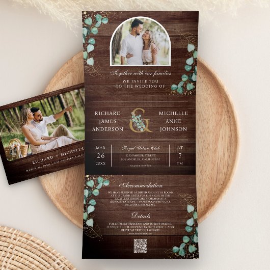 Eucalyptus Arch Photo Rustic Wood QR Code Wedding Dreifach Gefaltete Einladung