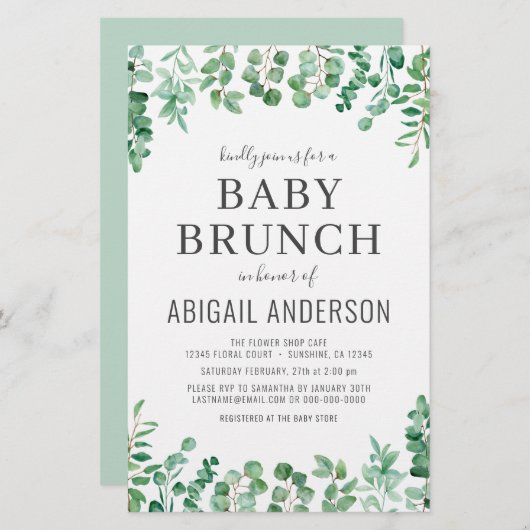 Eucalyptus Baby Brunch Dusche Einladung (Vorne/Hinten)
