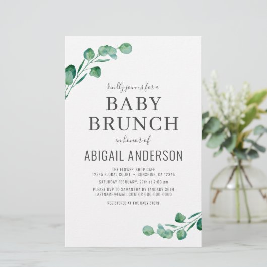 Eucalyptus Baby Brunch Grüne Einladung (Stehend Vorderseite)