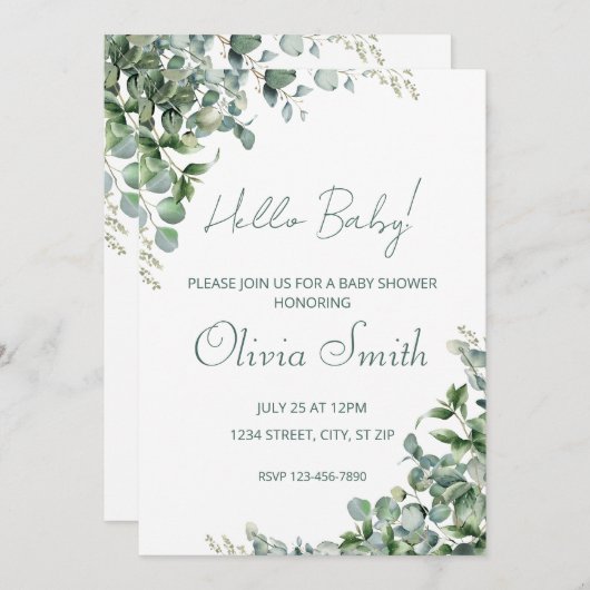 Eucalyptus Baby Dusche Aquarellfarbe Einladung (Vorne/Hinten)