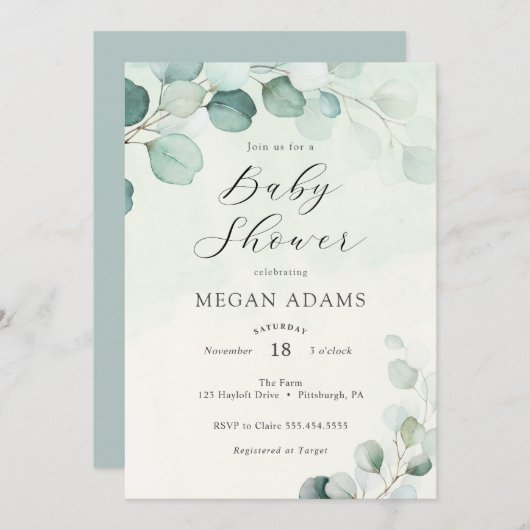Eucalyptus Baby Dusche Einladung (Vorne/Hinten)