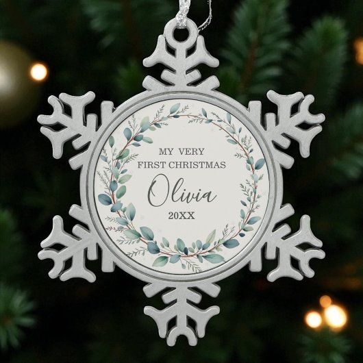 Eucalyptus Baby First Christmas Minimalistisch Mod Schneeflocken Zinn-Ornament