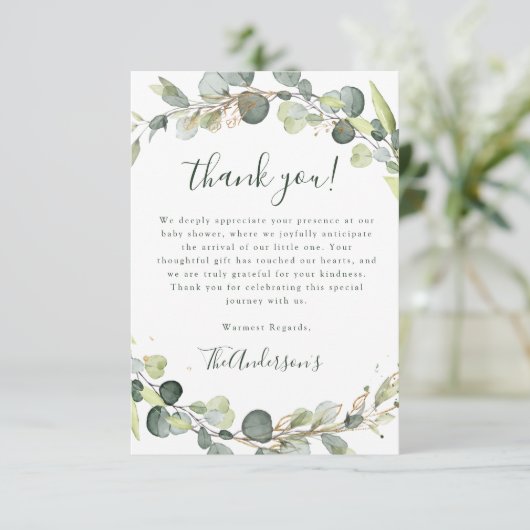 Eucalyptus Baby Shower Boho Rustic Dankeskarte (Stehend Vorderseite)