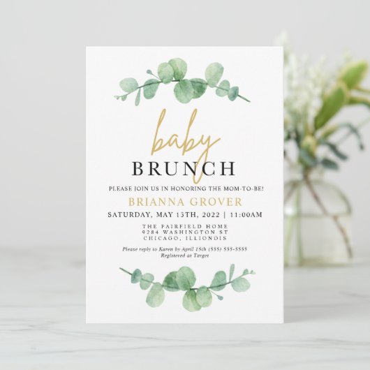 Eucalyptus Baby Shower Brunch Einladung (Stehend Vorderseite)