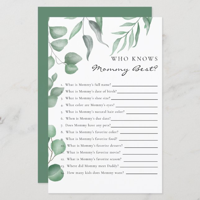 Eucalyptus Baby Shower Game Wer Mommy Best kennt (Vorne/Hinten)