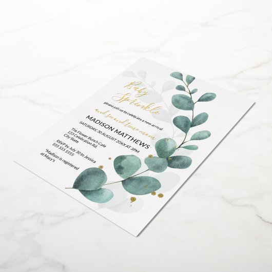 Eucalyptus Baby Sprinkle Greenery & Gold Foil Inv Folieneinladung (Gedreht)