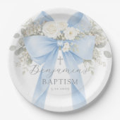 Eucalyptus Blue Bow Baby Boy Baptism Pappteller (Vorderseite)