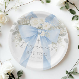 Eucalyptus Blue Bow Baby Boy Baptism Pappteller