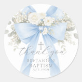 Eucalyptus Blue Bow Baptism Thank you Runder Aufkleber (Vorderseite)