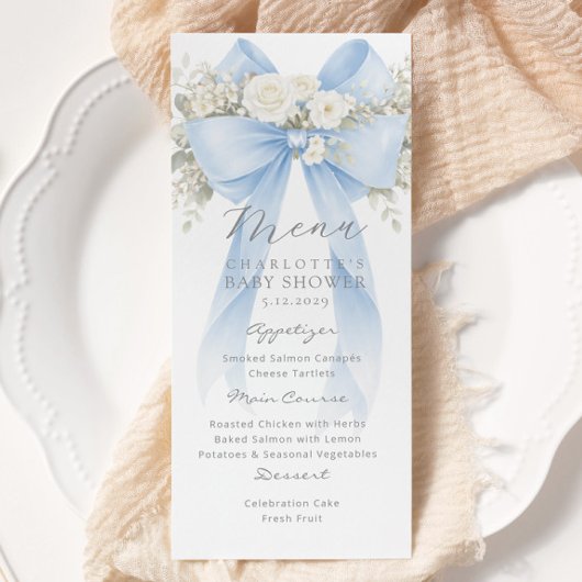 Eucalyptus Blue Bow Elegant Baby Shower Menükarte