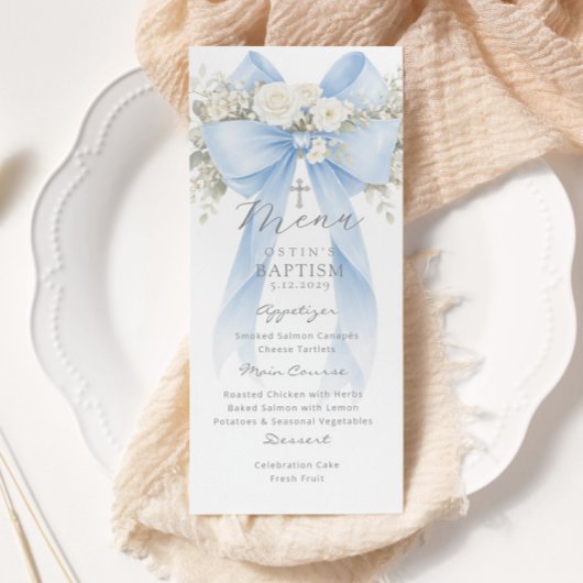 Eucalyptus Blue Bow Elegant Baptism Menükarte