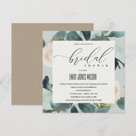 EUCALYPTUS BLUSH ROSE GRAY KRAFT BRAUTPARTY EINLADUNG (Vorne/Hinten)