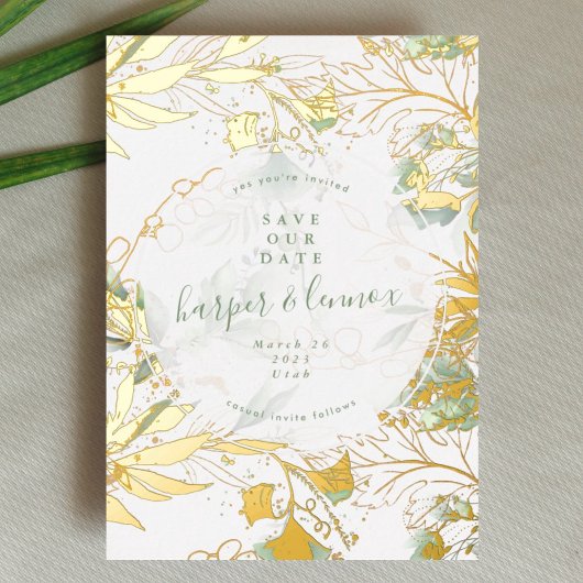 Eucalyptus Boho Moderne Pampas Gold Save the Date Folieneinladung
