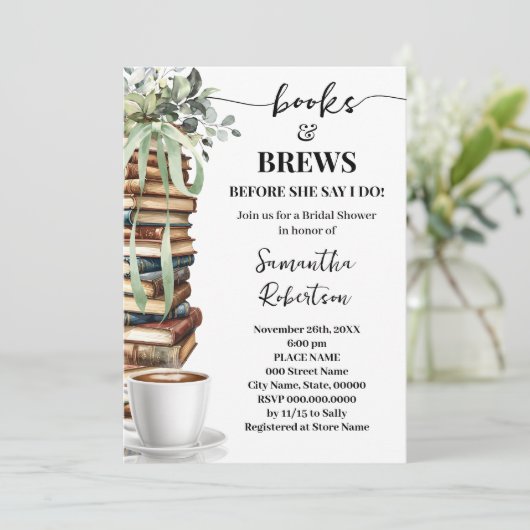 Eucalyptus Books & Brews Coffee Bridal Shower Einladung (Stehend Vorderseite)