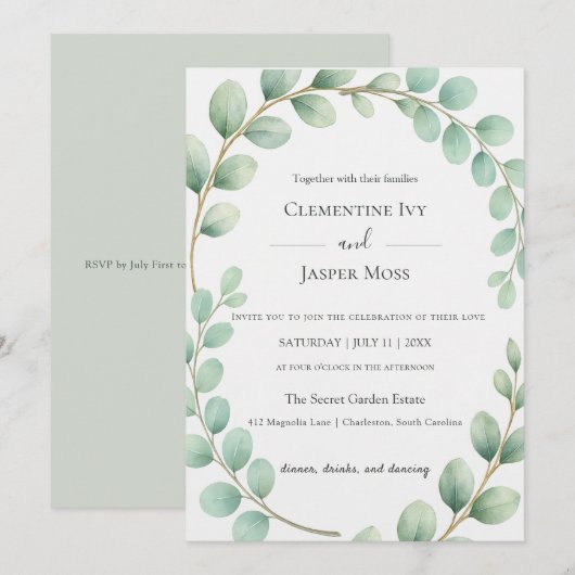 Eucalyptus Botanical Sage Green Boho Wedding Einladung (Vorne/Hinten)